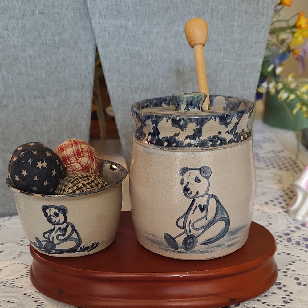 Vint ELLIS Salt Glaze Pottery Honey Pot And Matching Bowl
